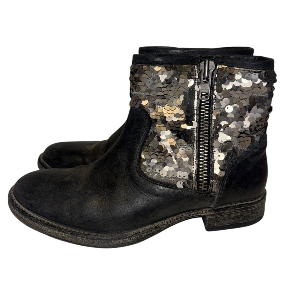Italian Handmade Leather sequin Black Leather Ankle Boots Silver Sz 8.5 39 zipp